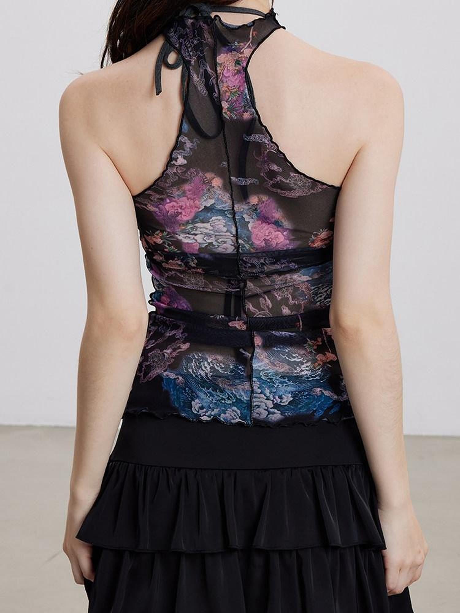 THELIGHT OFFICIAL Sheer Mesh Halter Backless High Neck Floral Print Women's Polyester Tank Tops