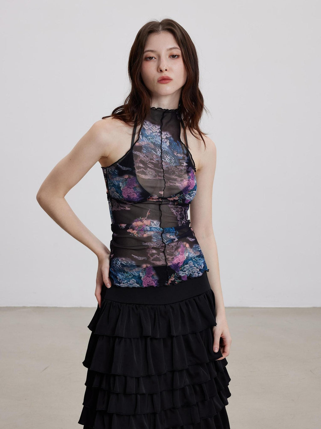 THELIGHT OFFICIAL Sheer Mesh Halter Backless High Neck Floral Print Women's Polyester Tank Tops