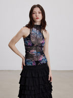 THELIGHT OFFICIAL Sheer Mesh Halter Backless High Neck Floral Print Women's Polyester Tank Tops