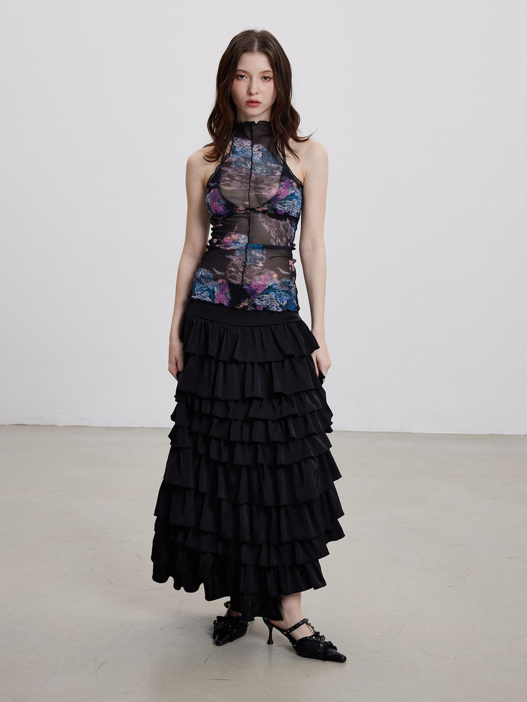 THELIGHT OFFICIAL Sheer Mesh Halter Backless High Neck Floral Print Women's Polyester Tank Tops
