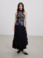 THELIGHT OFFICIAL Sheer Mesh Halter Backless High Neck Floral Print Women's Polyester Tank Tops