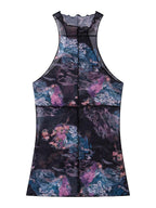 THELIGHT OFFICIAL Sheer Mesh Halter Backless High Neck Floral Print Women's Polyester Tank Tops