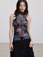 THELIGHT OFFICIAL Sheer Mesh Halter Backless High Neck Floral Print Women's Polyester Tank Tops
