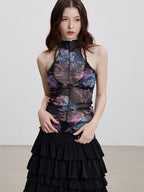 THELIGHT OFFICIAL Sheer Mesh Halter Backless High Neck Floral Print Women's Polyester Tank Tops