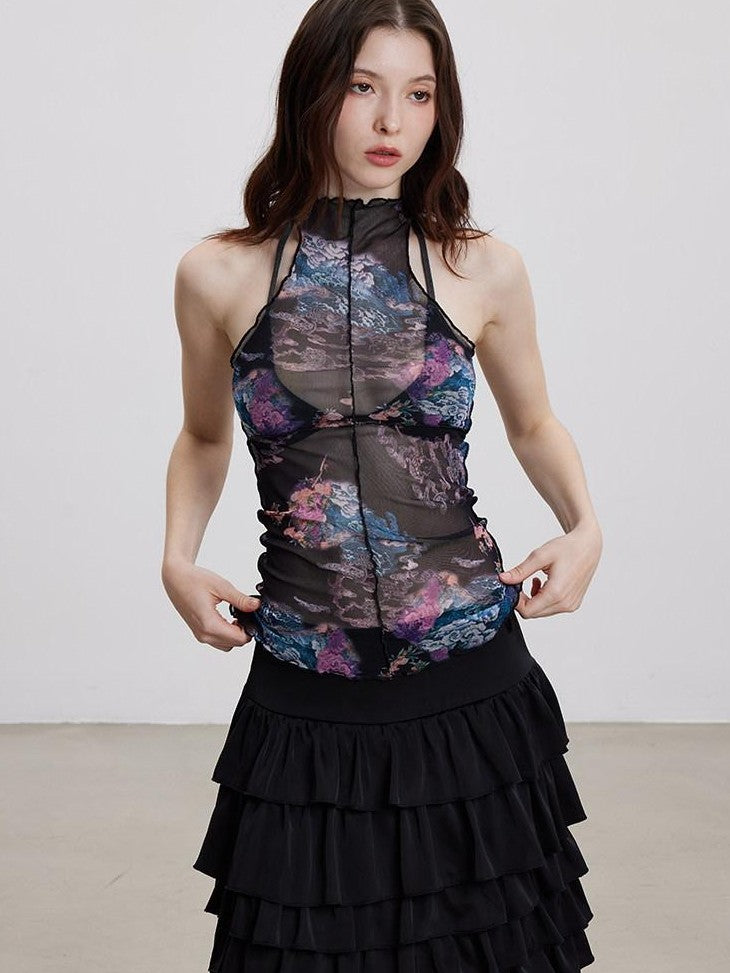 THELIGHT OFFICIAL Sheer Mesh Halter Backless High Neck Floral Print Women's Polyester Tank Tops