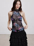 THELIGHT OFFICIAL Sheer Mesh Halter Backless High Neck Floral Print Women's Polyester Tank Tops