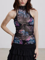 THELIGHT OFFICIAL Sheer Mesh Halter Backless High Neck Floral Print Women's Polyester Tank Tops