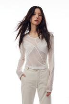 THELIGHT OFFICIAL Sheer Mesh Spliced Cropped Women's Polyester Spandex Long Sleeve T-shirts 763771450334