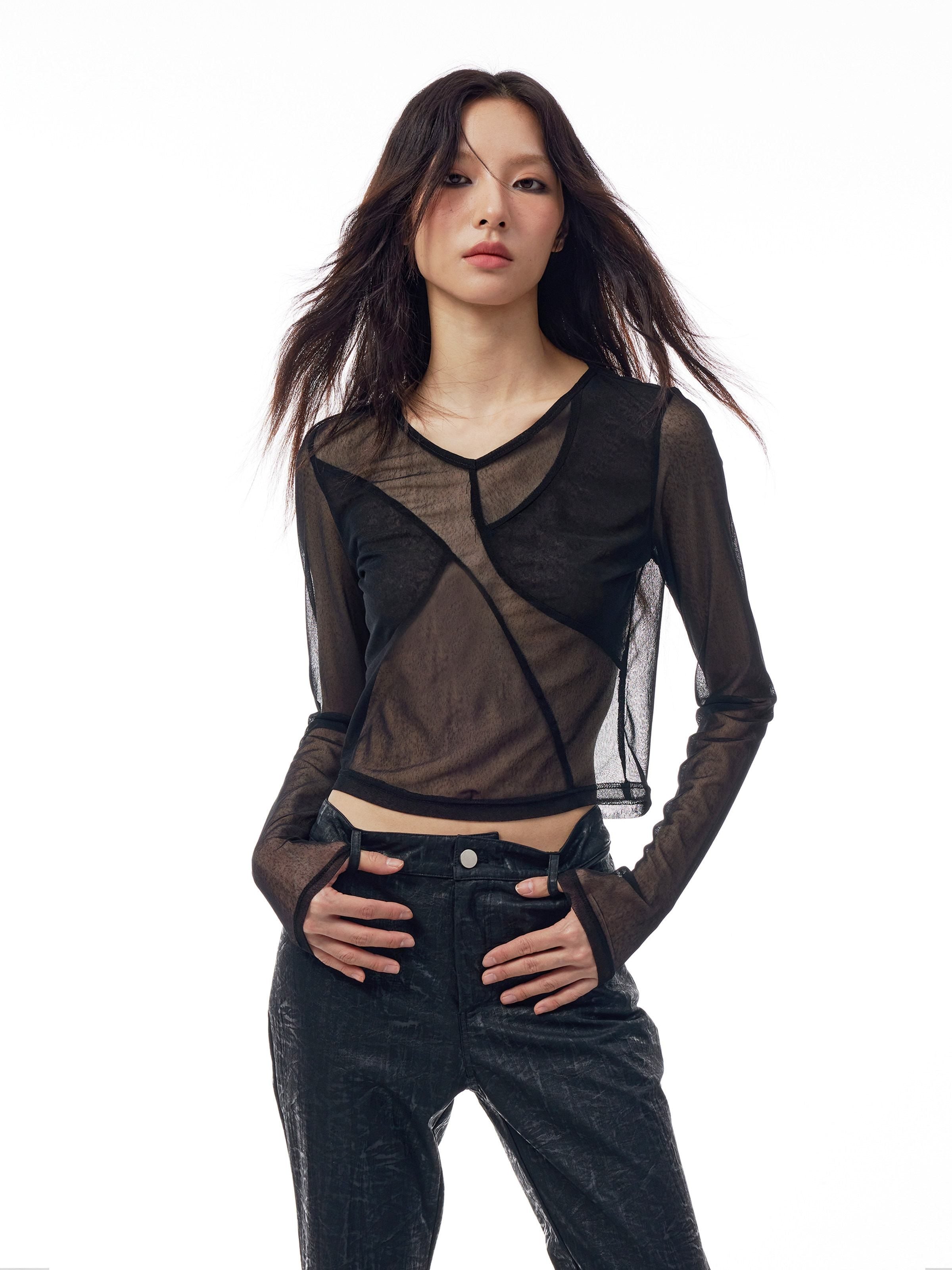 THELIGHT OFFICIAL Sheer Mesh Spliced Cropped Women's Polyester Spandex Long Sleeve T-shirts 763771450334