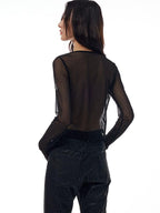 THELIGHT OFFICIAL Sheer Mesh Spliced Cropped Women's Polyester Spandex Long Sleeve T-shirts