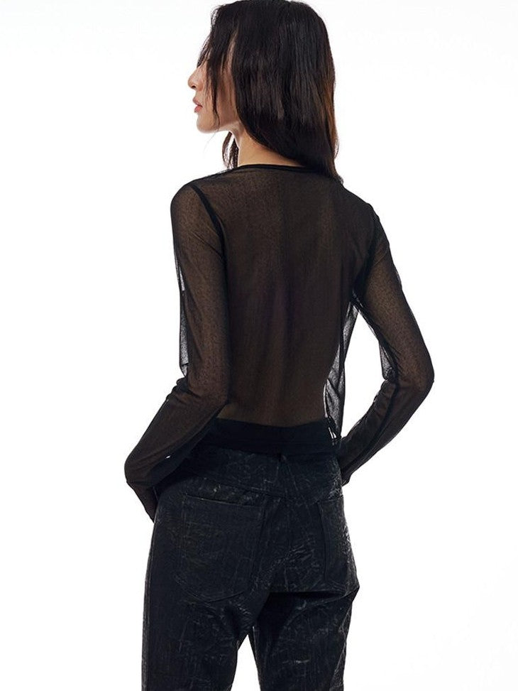 THELIGHT OFFICIAL Sheer Mesh Spliced Cropped Women's Polyester Spandex Long Sleeve T-shirts
