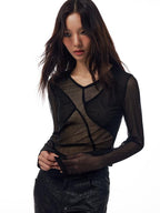THELIGHT OFFICIAL Sheer Mesh Spliced Cropped Women's Polyester Spandex Long Sleeve T-shirts