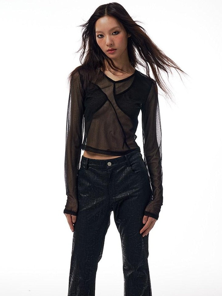 THELIGHT OFFICIAL Sheer Mesh Spliced Cropped Women's Polyester Spandex Long Sleeve T-shirts