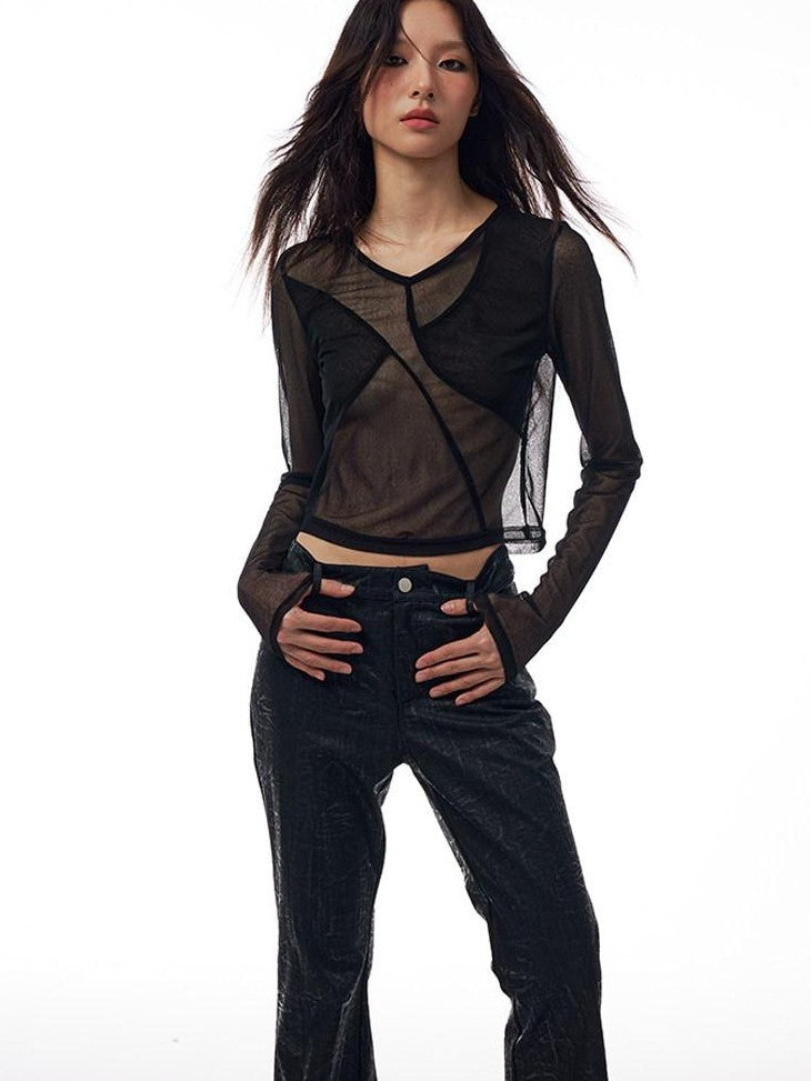 THELIGHT OFFICIAL Sheer Mesh Spliced Cropped Women's Polyester Spandex Long Sleeve T-shirts