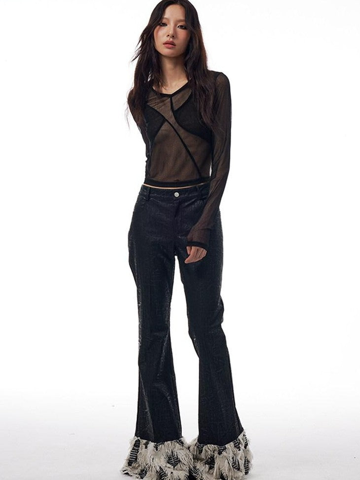 THELIGHT OFFICIAL Sheer Mesh Spliced Cropped Women's Polyester Spandex Long Sleeve T-shirts