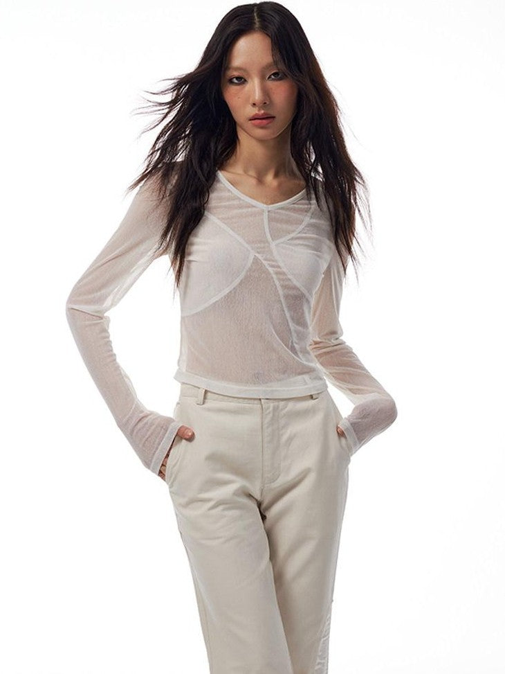 THELIGHT OFFICIAL Sheer Mesh Spliced Cropped Women's Polyester Spandex Long Sleeve T-shirts