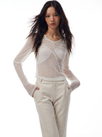 THELIGHT OFFICIAL Sheer Mesh Spliced Cropped Women's Polyester Spandex Long Sleeve T-shirts