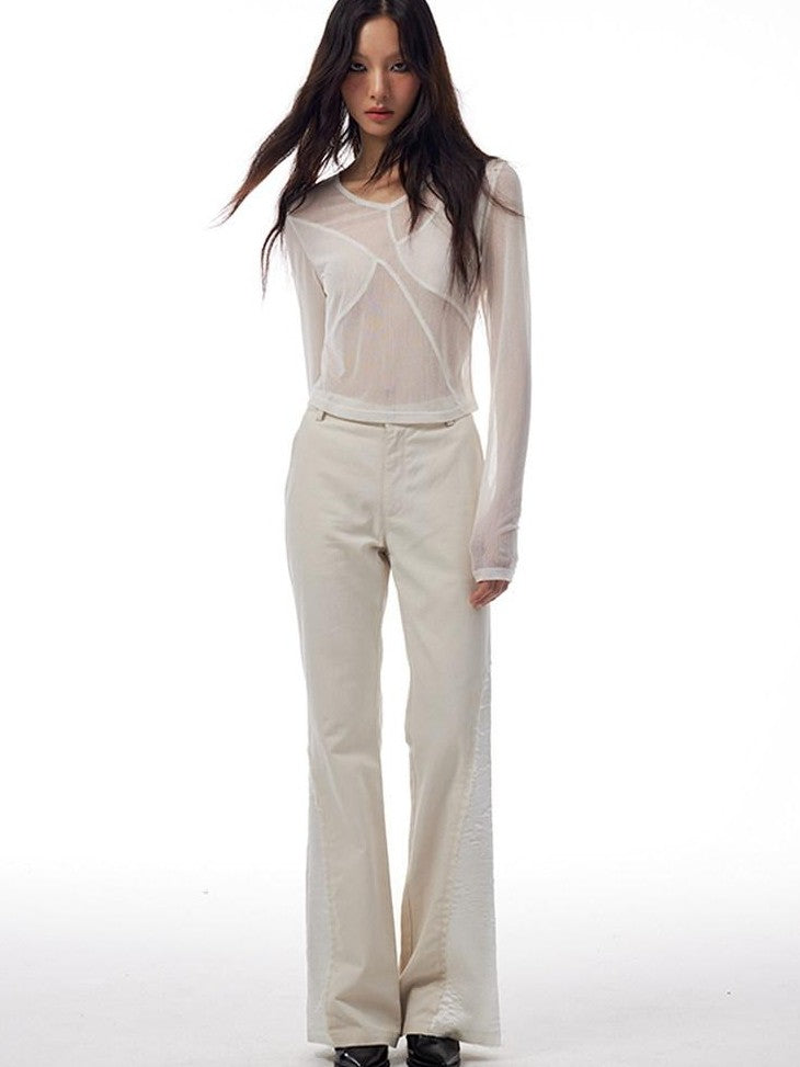 THELIGHT OFFICIAL Sheer Mesh Spliced Cropped Women's Polyester Spandex Long Sleeve T-shirts
