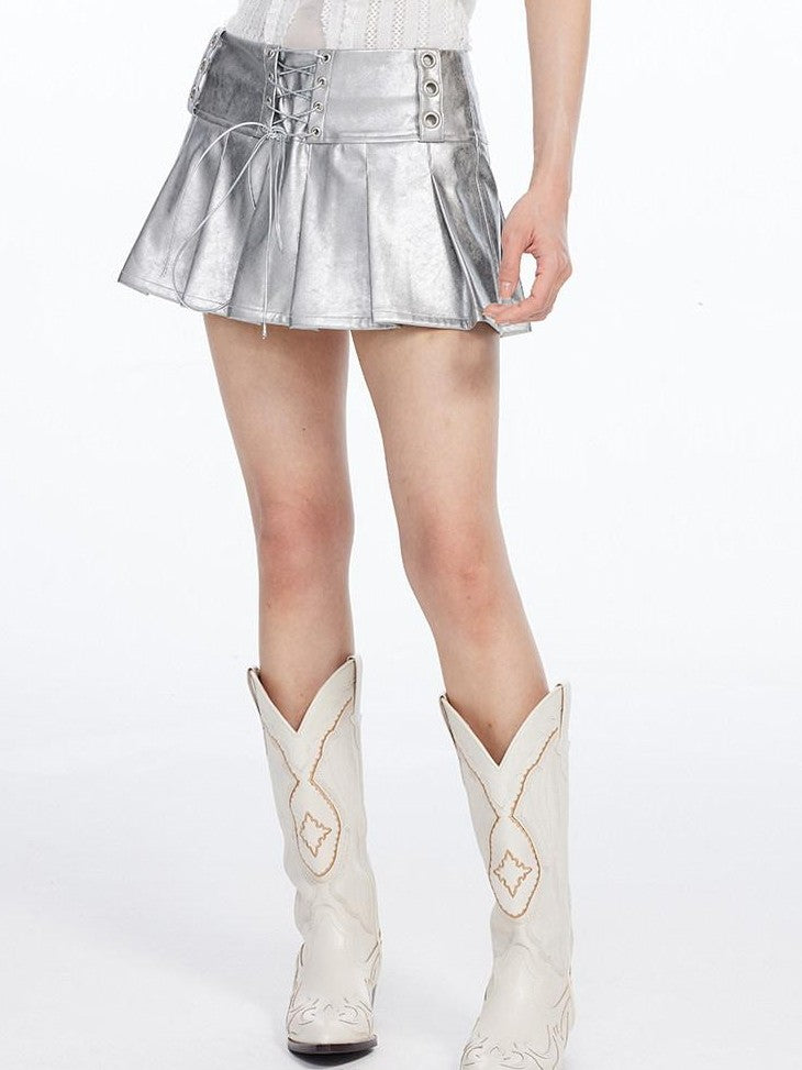 THELIGHT OFFICIAL Silver Asymmetric Lace Up A Line Pleated Women's Polyester Mini Skirts