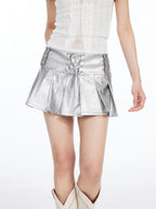 THELIGHT OFFICIAL Silver Asymmetric Lace Up A Line Pleated Women's Polyester Mini Skirts