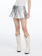 THELIGHT OFFICIAL Silver Asymmetric Lace Up A Line Pleated Women's Polyester Mini Skirts