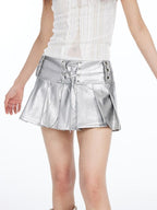 THELIGHT OFFICIAL Silver Asymmetric Lace Up A Line Pleated Women's Polyester Mini Skirts