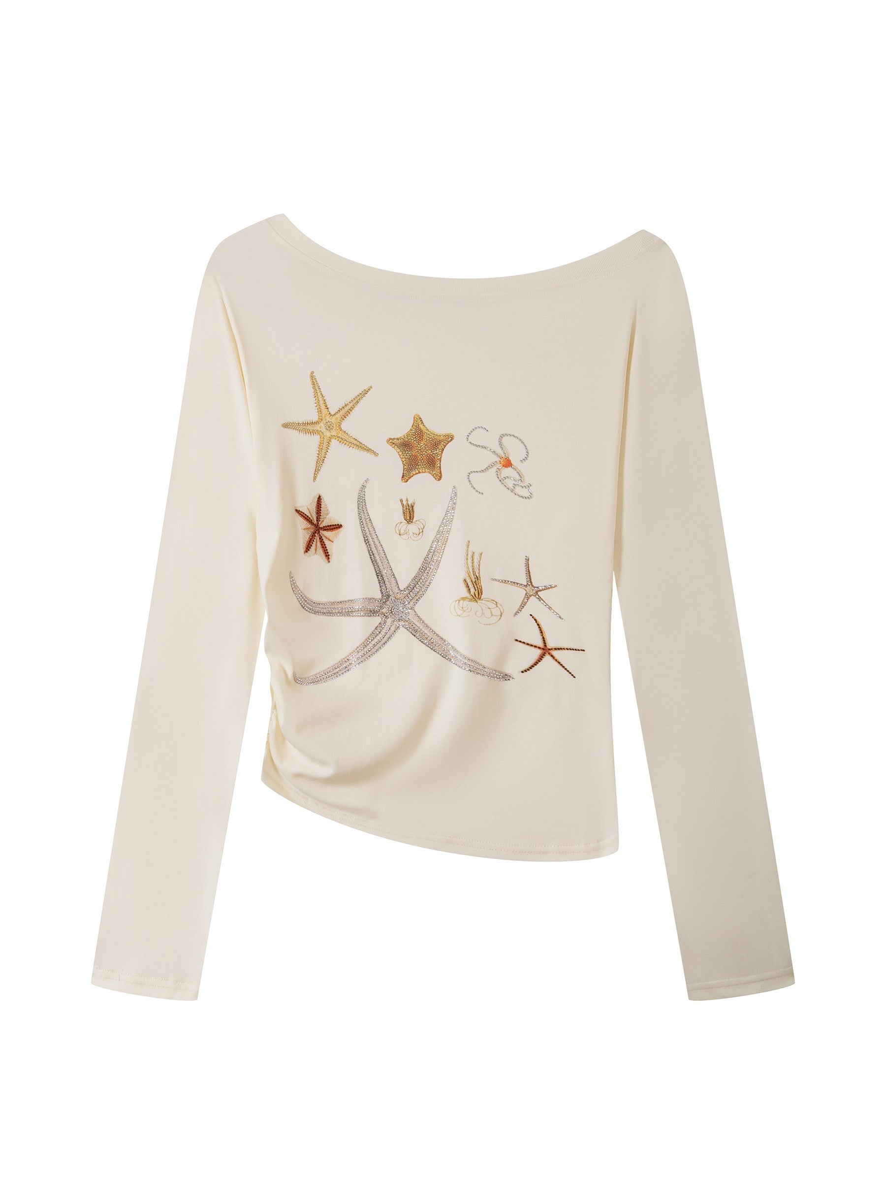 THELIGHT OFFICIAL Starfish Asymmetric Cold Shoulder Cinched Waist Women's Long Sleeve T-shirts 961226033836
