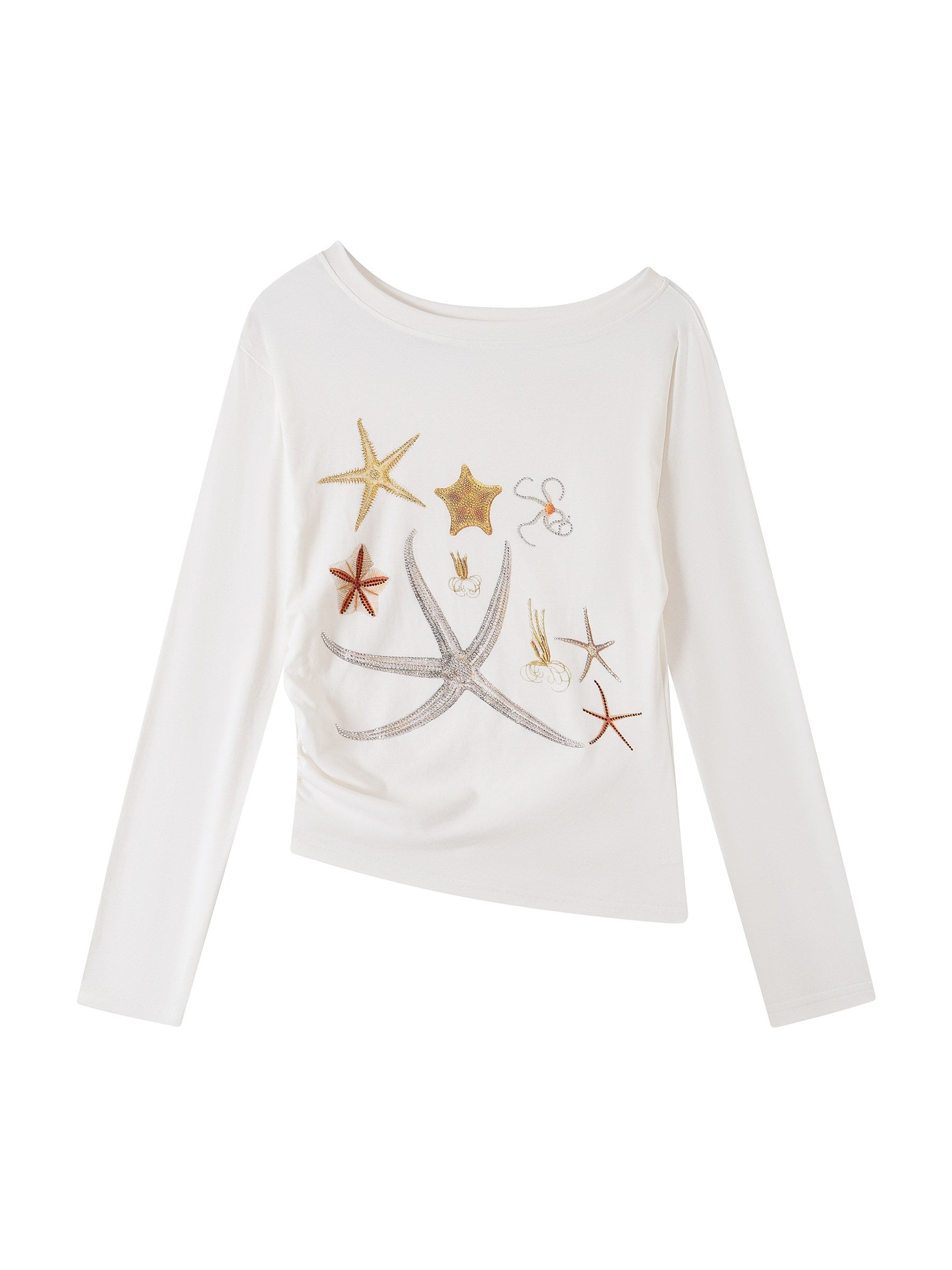 THELIGHT OFFICIAL Starfish Asymmetric Cold Shoulder Cinched Waist Women's Long Sleeve T-shirts 961226033836