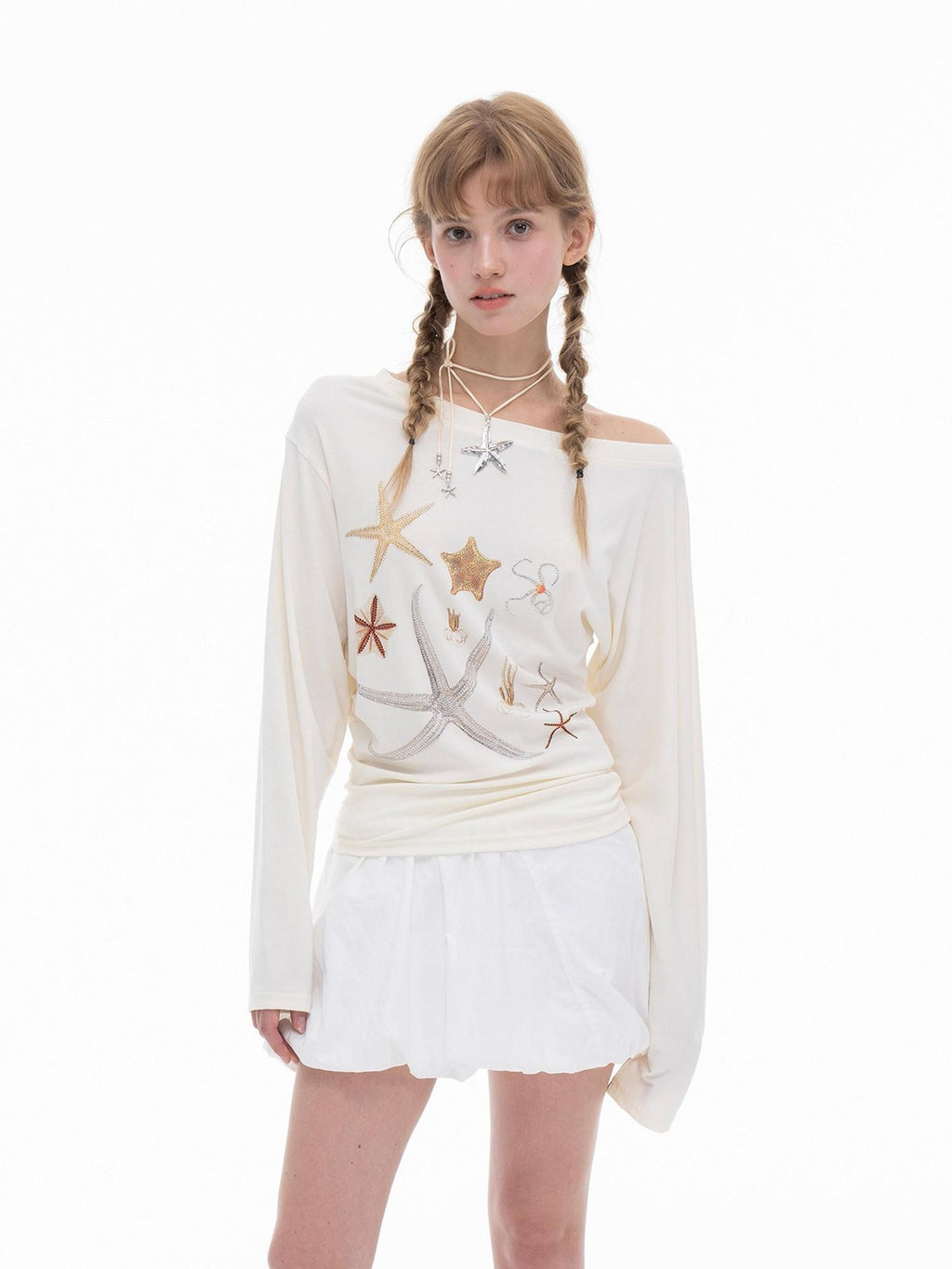 THELIGHT OFFICIAL Starfish Asymmetric Cold Shoulder Cinched Waist Women's Long Sleeve T-shirts