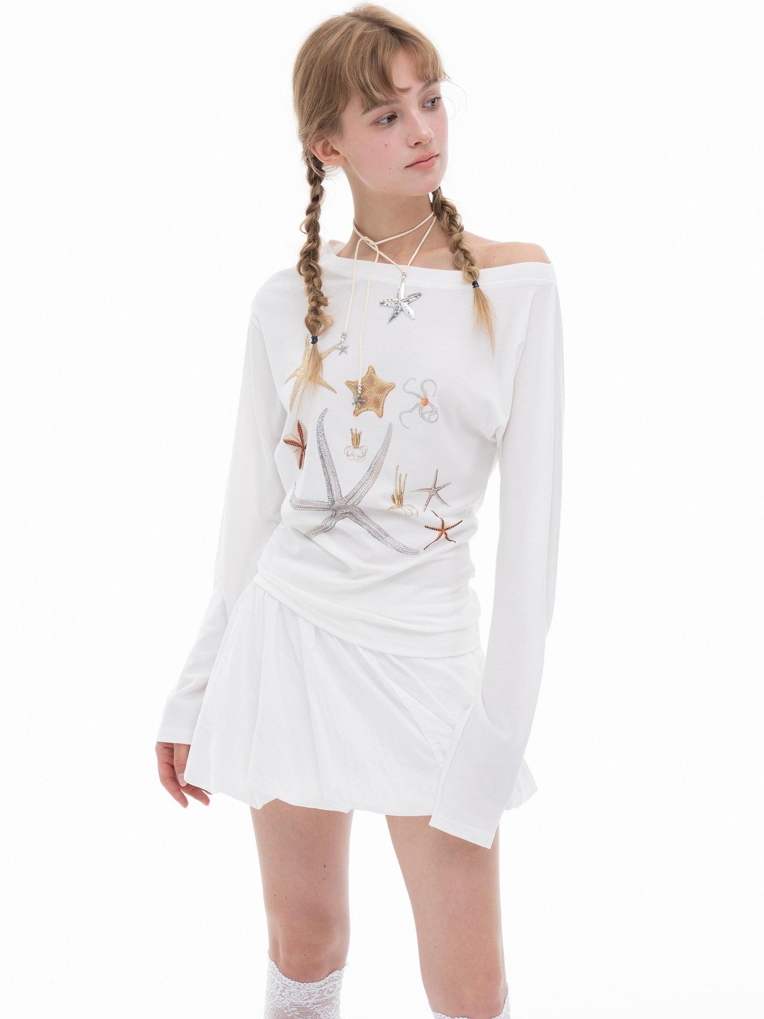 THELIGHT OFFICIAL Starfish Asymmetric Cold Shoulder Cinched Waist Women's Long Sleeve T-shirts