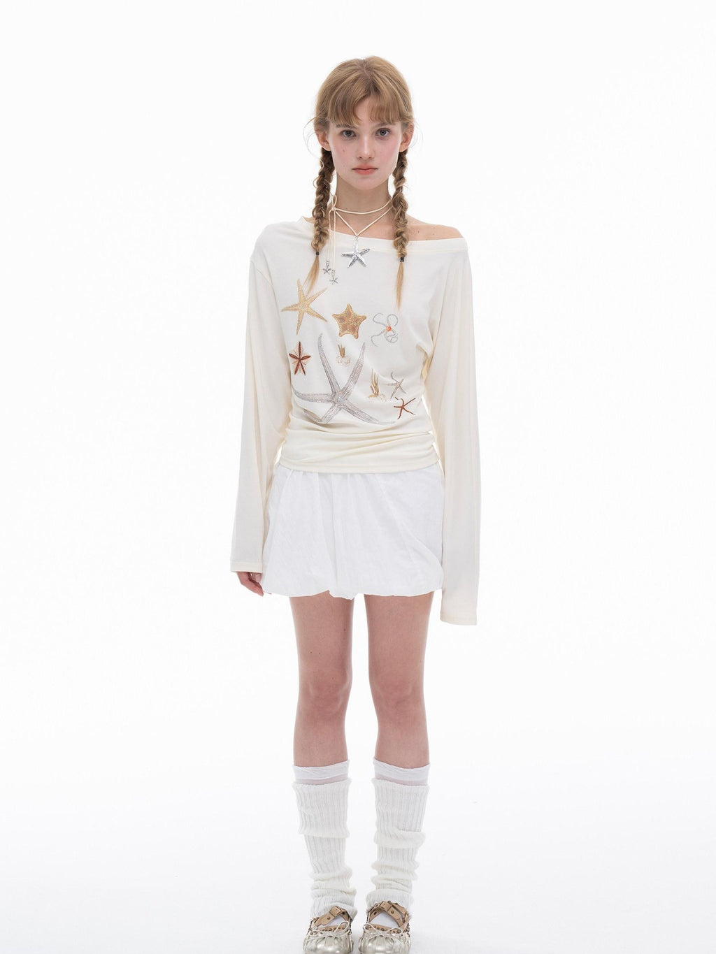 THELIGHT OFFICIAL Starfish Asymmetric Cold Shoulder Cinched Waist Women's Long Sleeve T-shirts