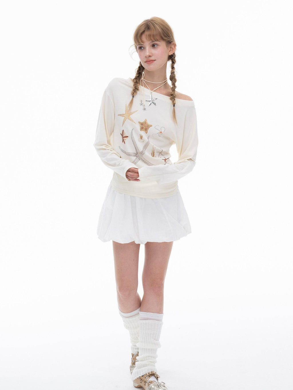 THELIGHT OFFICIAL Starfish Asymmetric Cold Shoulder Cinched Waist Women's Long Sleeve T-shirts