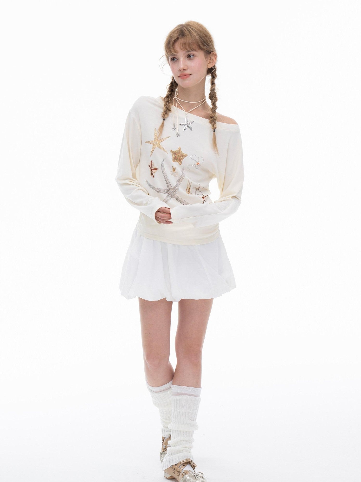 THELIGHT OFFICIAL Starfish Asymmetric Cold Shoulder Cinched Waist Women's Long Sleeve T-shirts