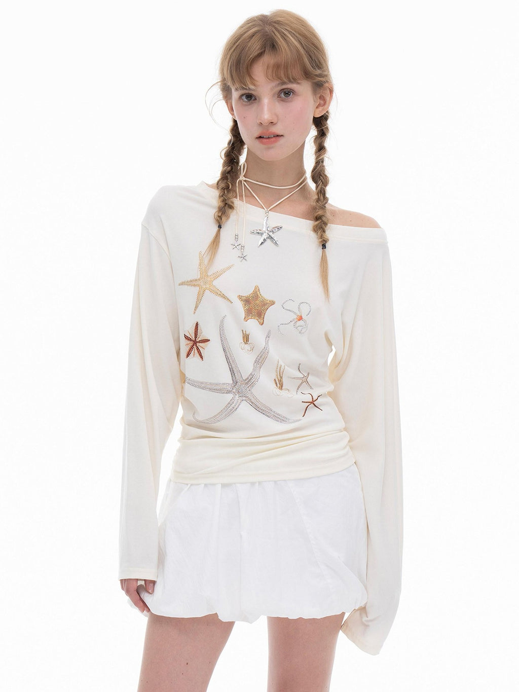 THELIGHT OFFICIAL Starfish Asymmetric Cold Shoulder Cinched Waist Women's Long Sleeve T-shirts