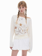 THELIGHT OFFICIAL Starfish Asymmetric Cold Shoulder Cinched Waist Women's Long Sleeve T-shirts