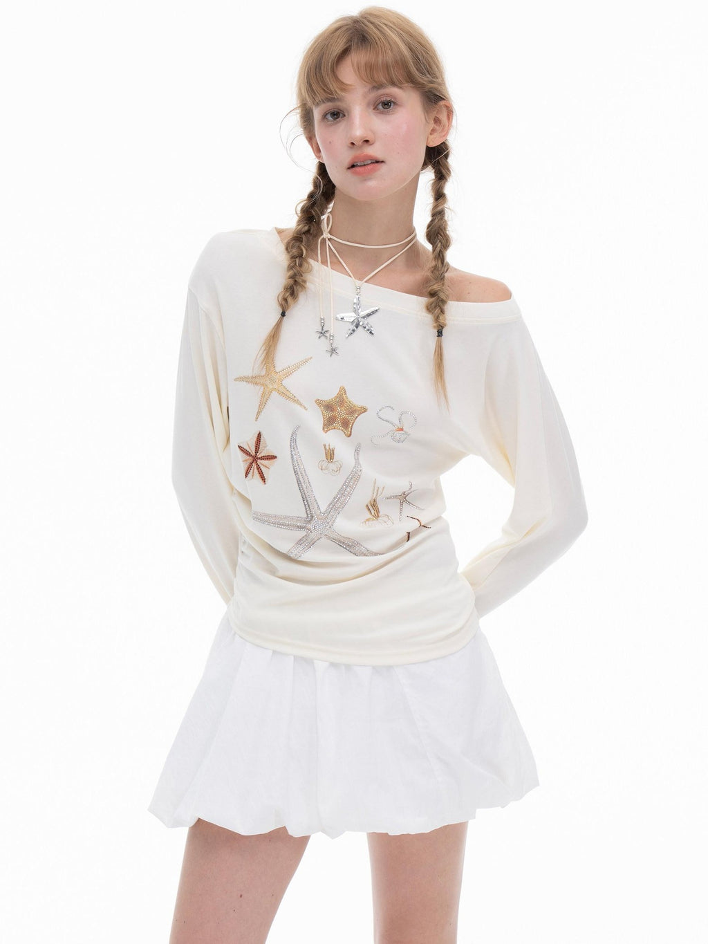 THELIGHT OFFICIAL Starfish Asymmetric Cold Shoulder Cinched Waist Women's Long Sleeve T-shirts