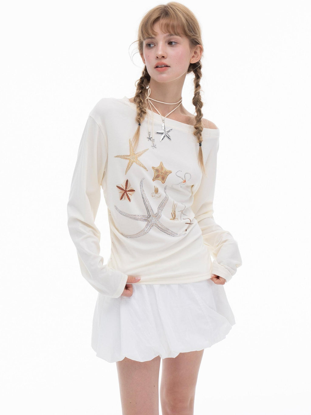 THELIGHT OFFICIAL Starfish Asymmetric Cold Shoulder Cinched Waist Women's Long Sleeve T-shirts