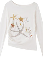 THELIGHT OFFICIAL Starfish Asymmetric Cold Shoulder Cinched Waist Women's Long Sleeve T-shirts