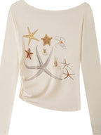 THELIGHT OFFICIAL Starfish Asymmetric Cold Shoulder Cinched Waist Women's Long Sleeve T-shirts