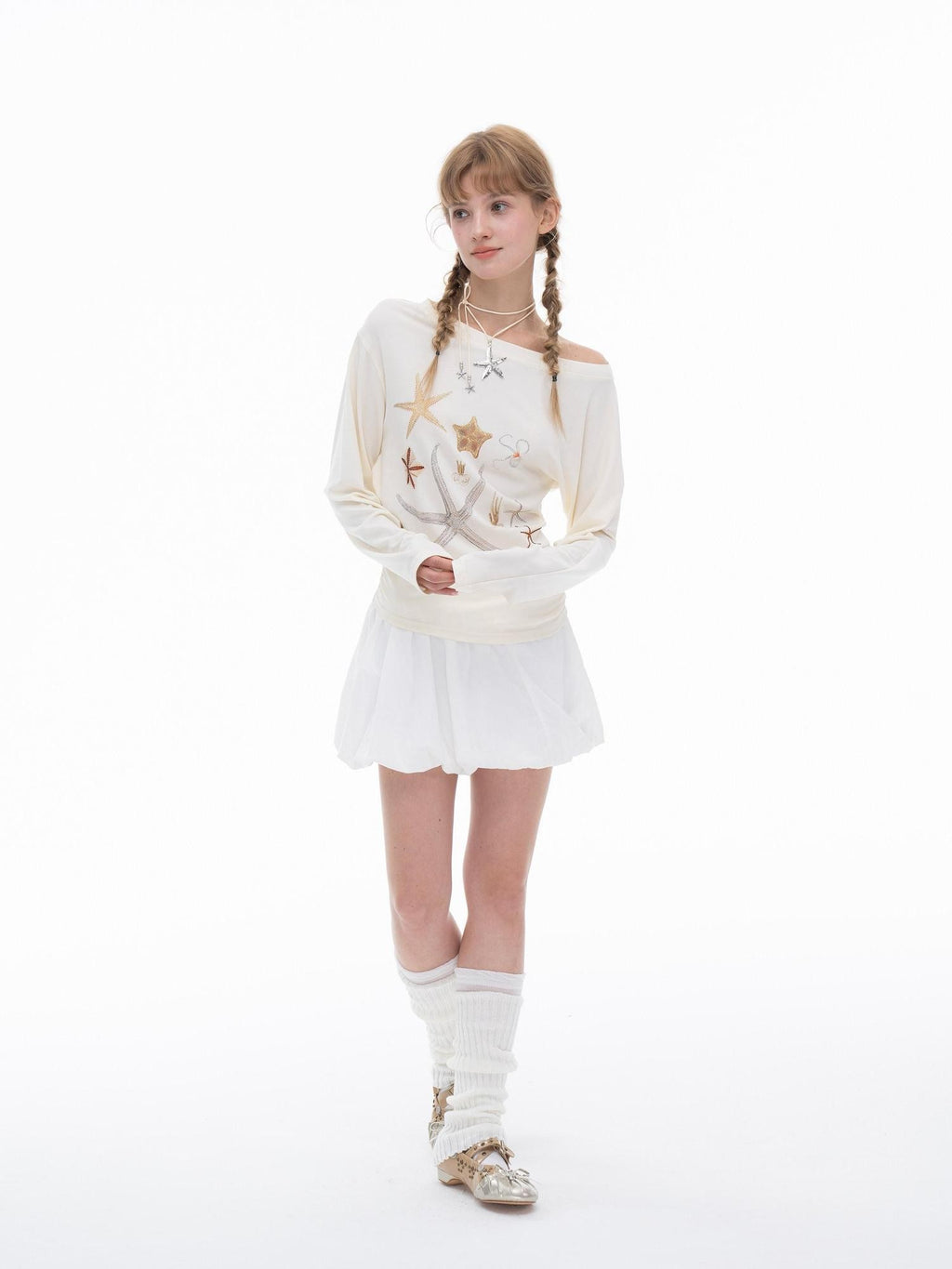 THELIGHT OFFICIAL Starfish Asymmetric Cold Shoulder Cinched Waist Women's Long Sleeve T-shirts