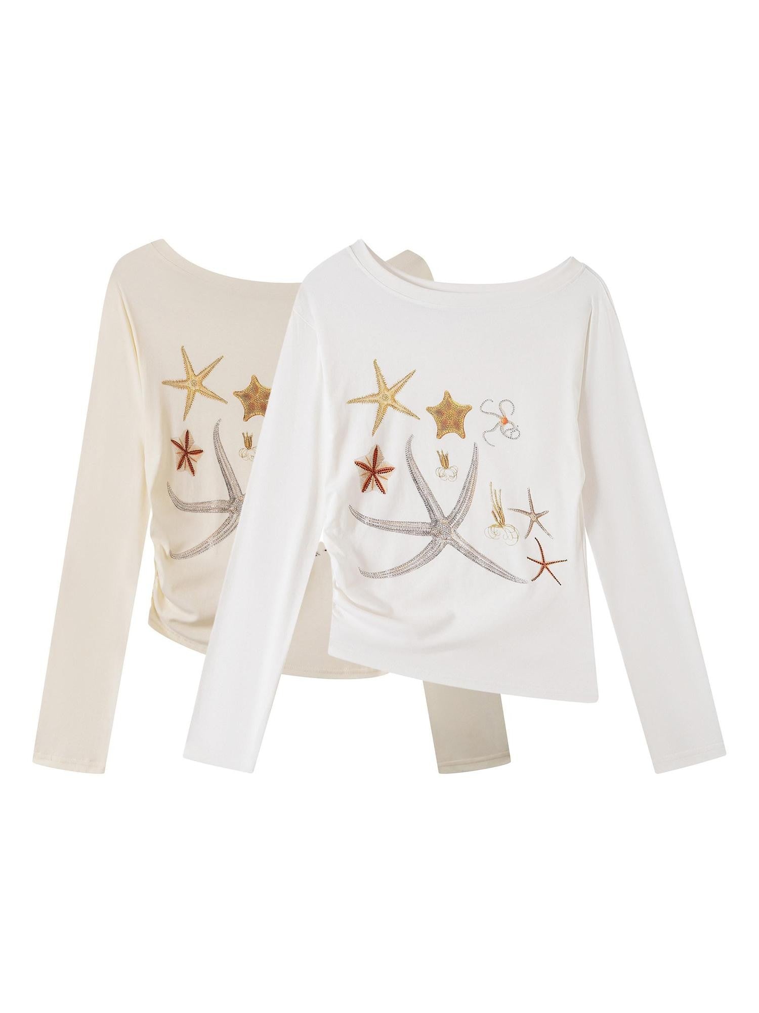 THELIGHT OFFICIAL Starfish Asymmetric Cold Shoulder Cinched Waist Women's Long Sleeve T-shirts