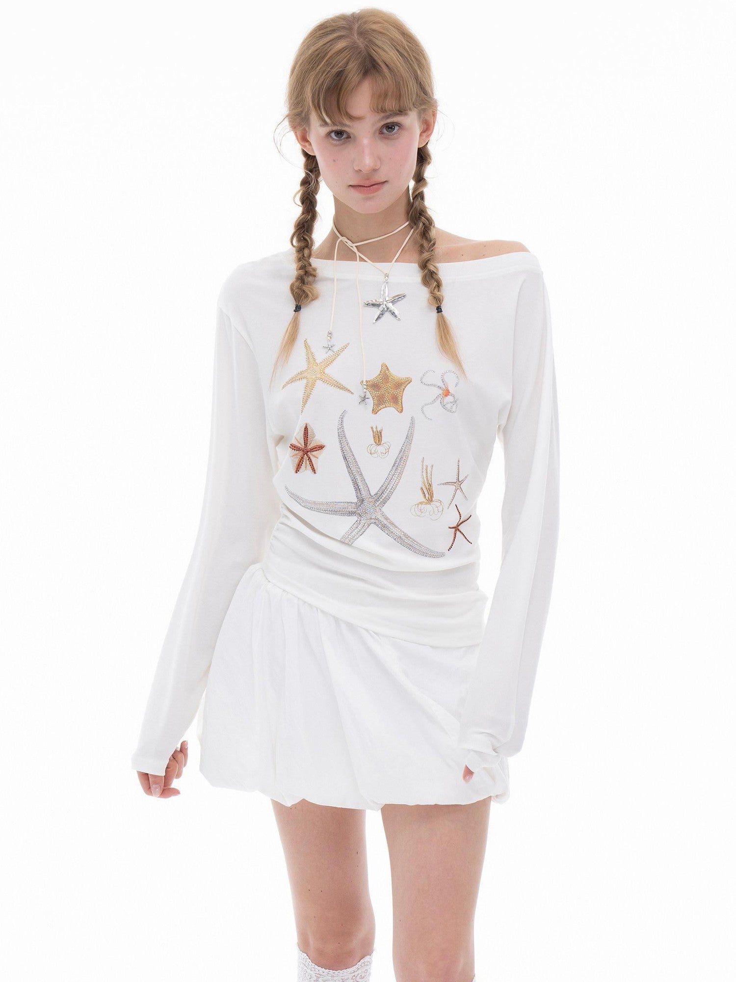THELIGHT OFFICIAL Starfish Asymmetric Cold Shoulder Cinched Waist Women's Long Sleeve T-shirts
