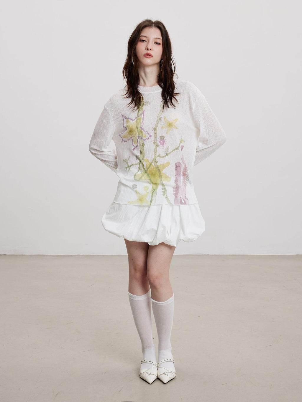 THELIGHT OFFICIAL Starfish Floral Plant Print Micro Sheer Women's Polyester Long Sleeve T-shirts