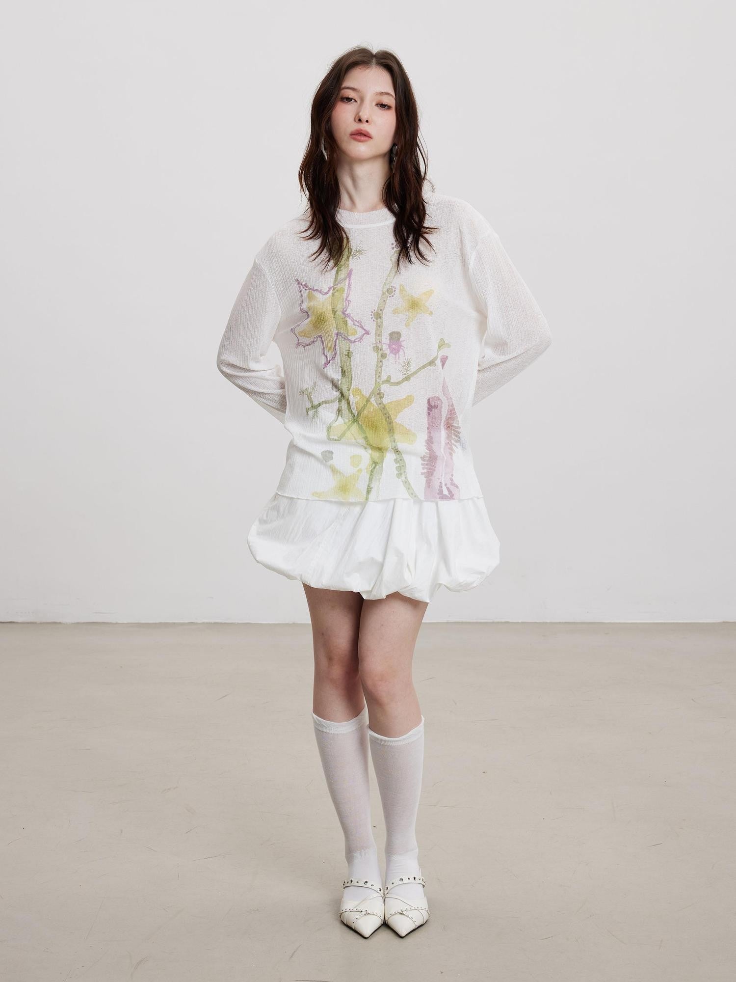 THELIGHT OFFICIAL Starfish Floral Plant Print Micro Sheer Women's Polyester Long Sleeve T-shirts