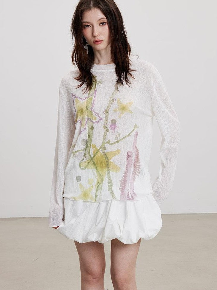 THELIGHT OFFICIAL Starfish Floral Plant Print Micro Sheer Women's Polyester Long Sleeve T-shirts