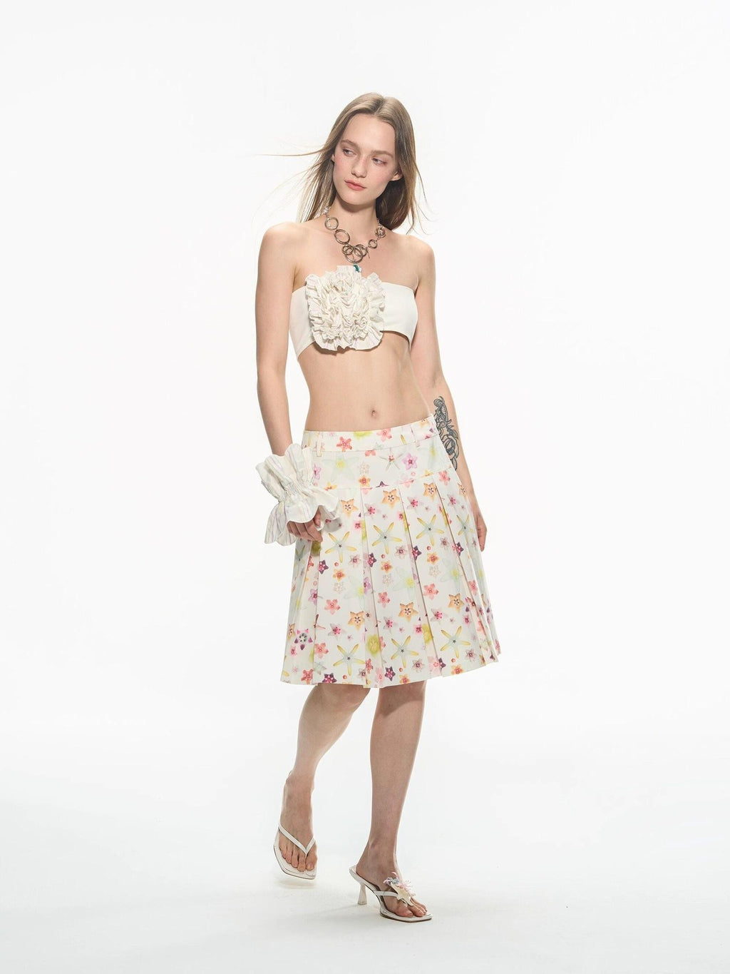 THELIGHT OFFICIAL Starfish Floral Pleated Mid Waist Women's Polyester Blend Midi Skirts
