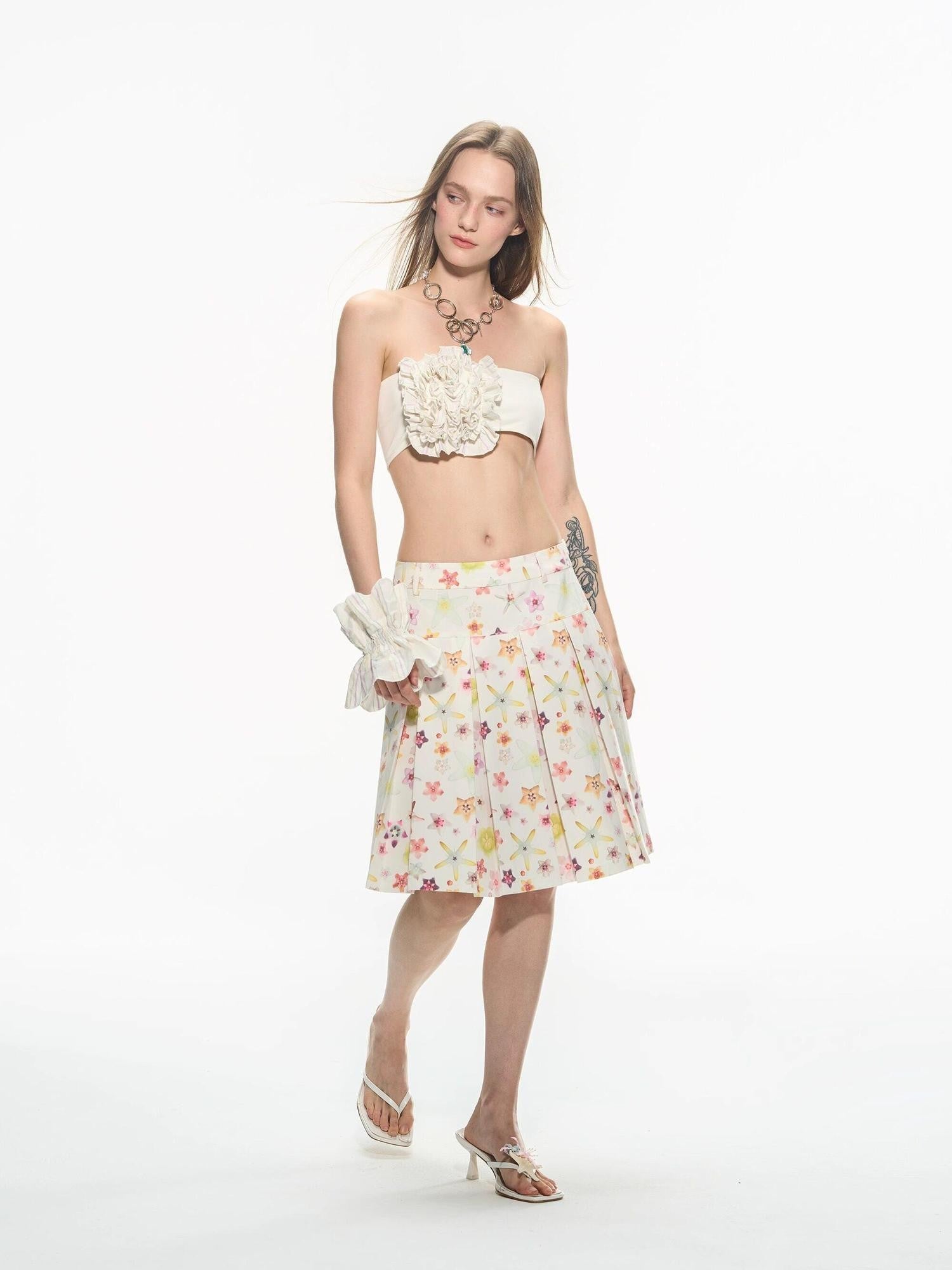 THELIGHT OFFICIAL Starfish Floral Pleated Mid Waist Women's Polyester Blend Midi Skirts