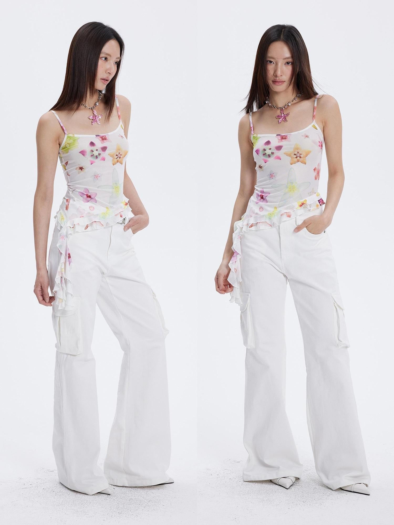 THELIGHT OFFICIAL Starfish Floral Printed Lace Trim Women's Polyester Blend Camisoles
