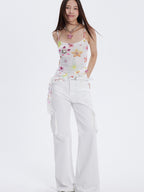 THELIGHT OFFICIAL Starfish Floral Printed Lace Trim Women's Polyester Blend Camisoles