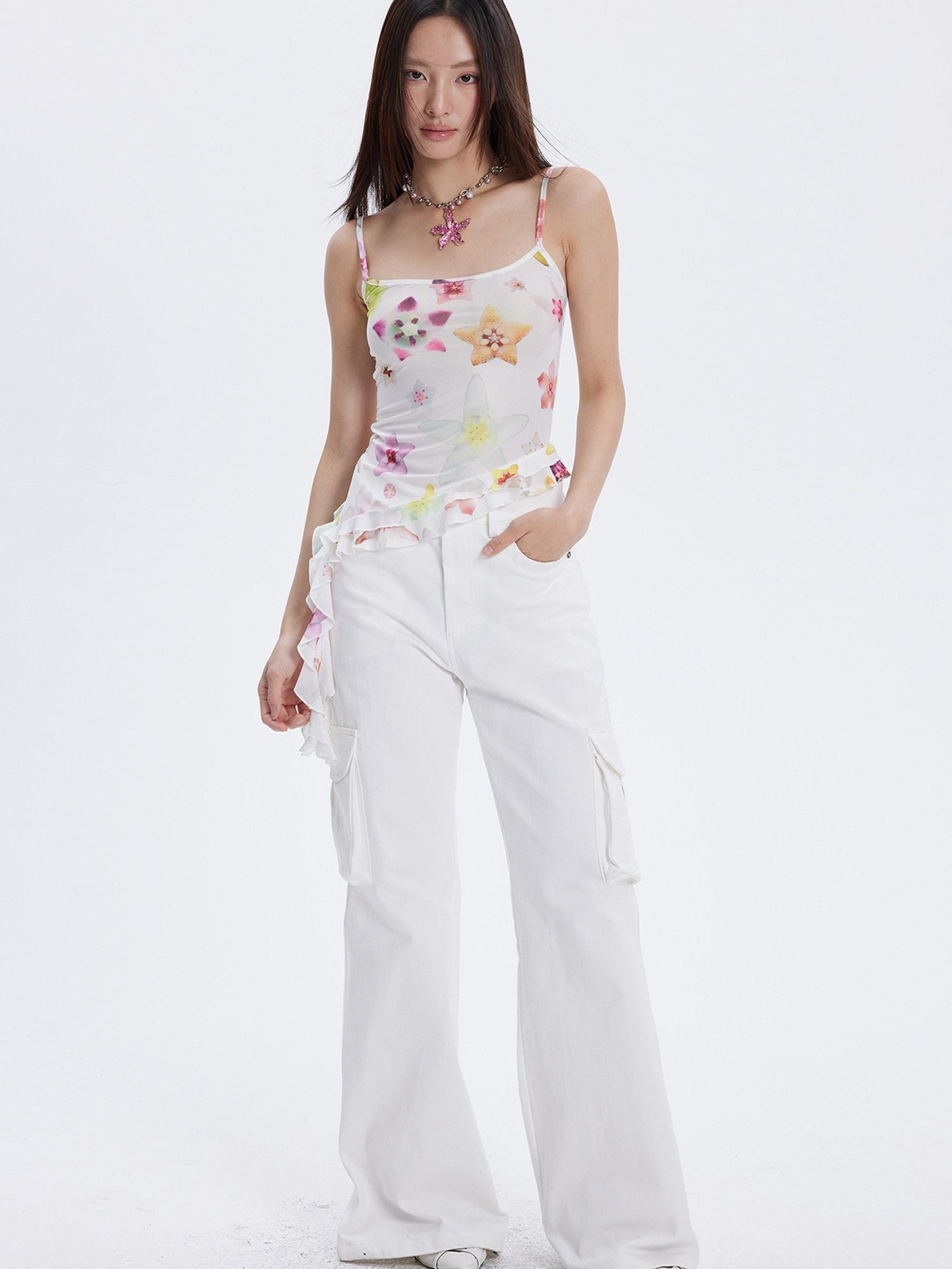 THELIGHT OFFICIAL Starfish Floral Printed Lace Trim Women's Polyester Blend Camisoles